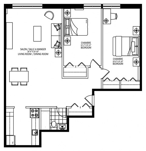 Floor plan for 2 beds, 1 bath, 688 sqft